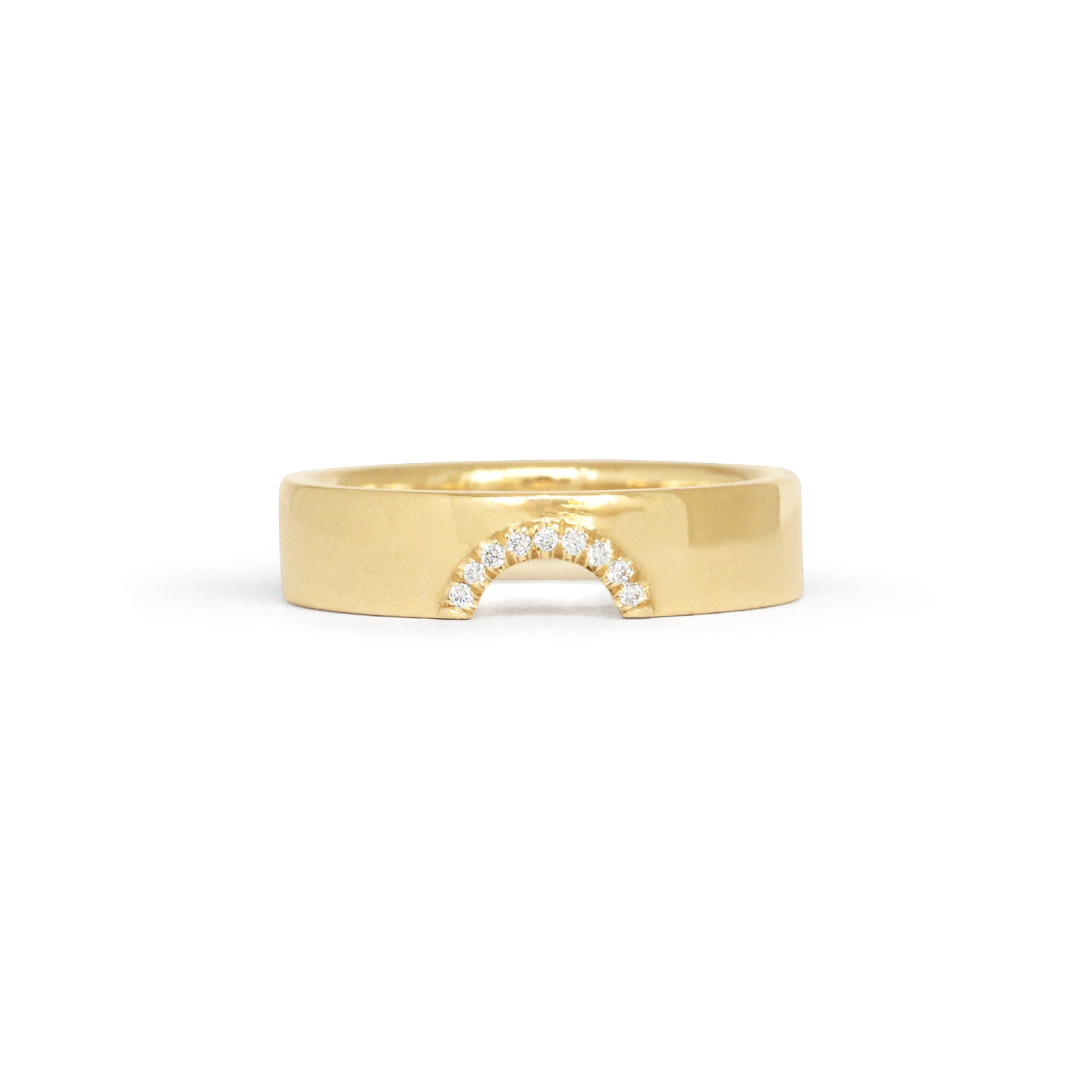 Front view of Horizon Band Half Moon Cutout Pave Round Diamonds in 14k yellow gold