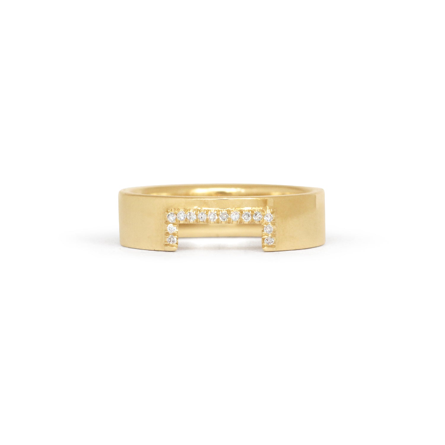 Front view of Horizon Band Rectangle Cutout Pave Round Diamonds in 14k yellow gold