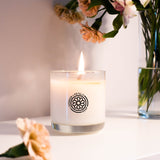 Lifestyle shot of Lavender + Petals Scented Candle burning
