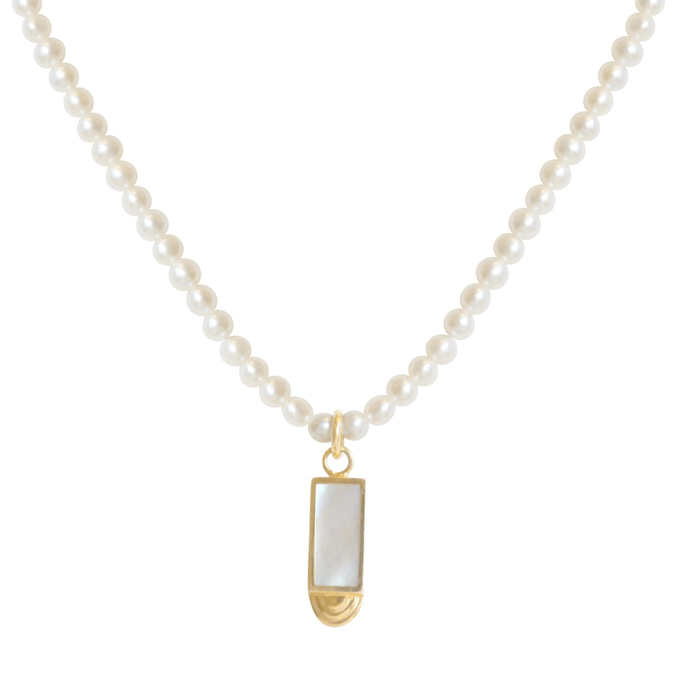 Front view of Step Charm / Rectangle Mother of Pearl Inlay on a pearl necklace by Goldpoint Jewelry