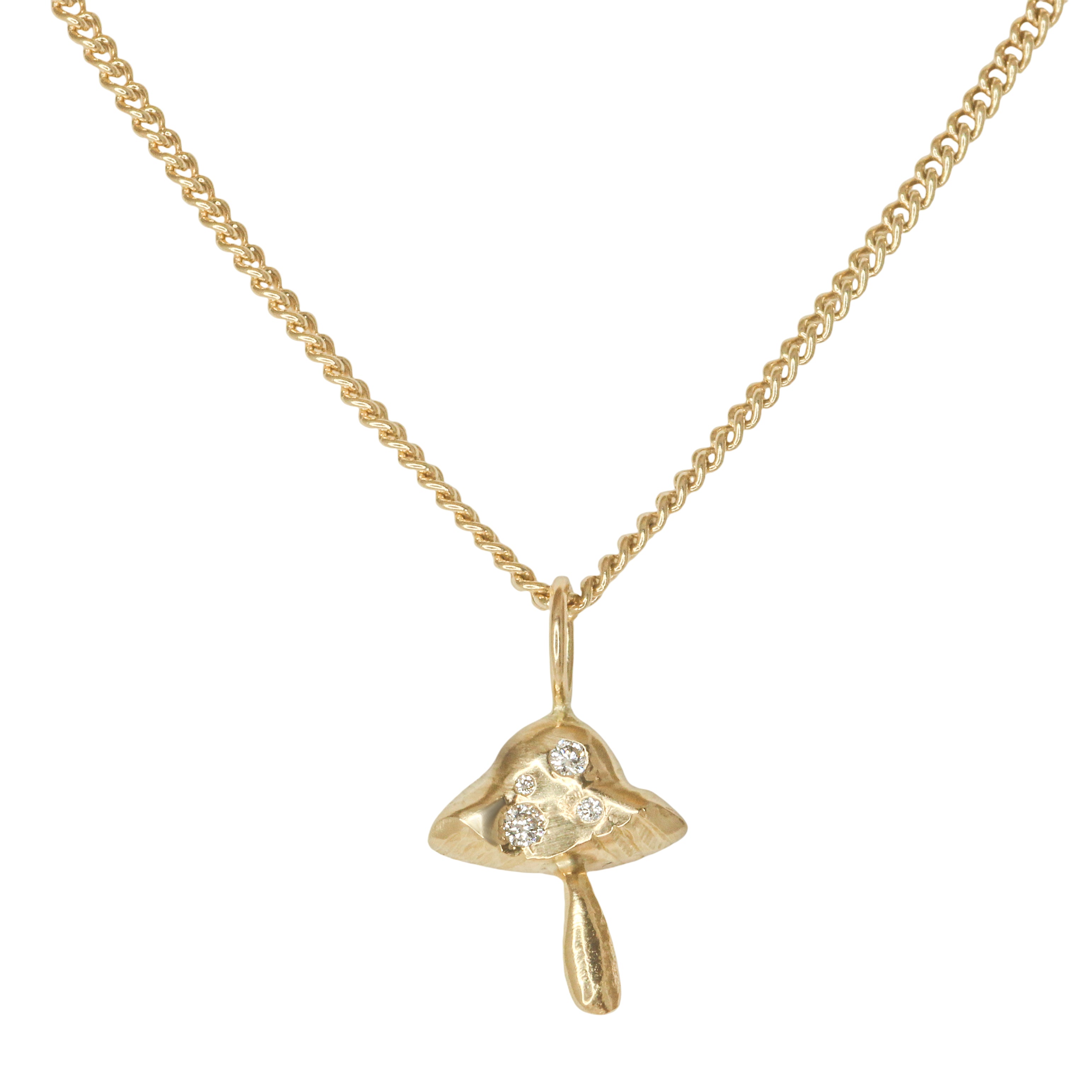 Front view of Mushroom Charm / Round Natural Diamonds by Oxbow Designs strung on a chain