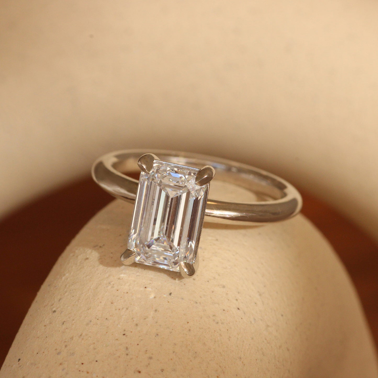 Lifestyle angled front view of Noble Ring Emerald Cut Lab Diamond 3.06ct by Goldpoint