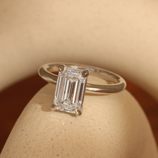 Lifestyle angled front view of Noble Ring Emerald Cut Lab Diamond 3.06ct by Goldpoint