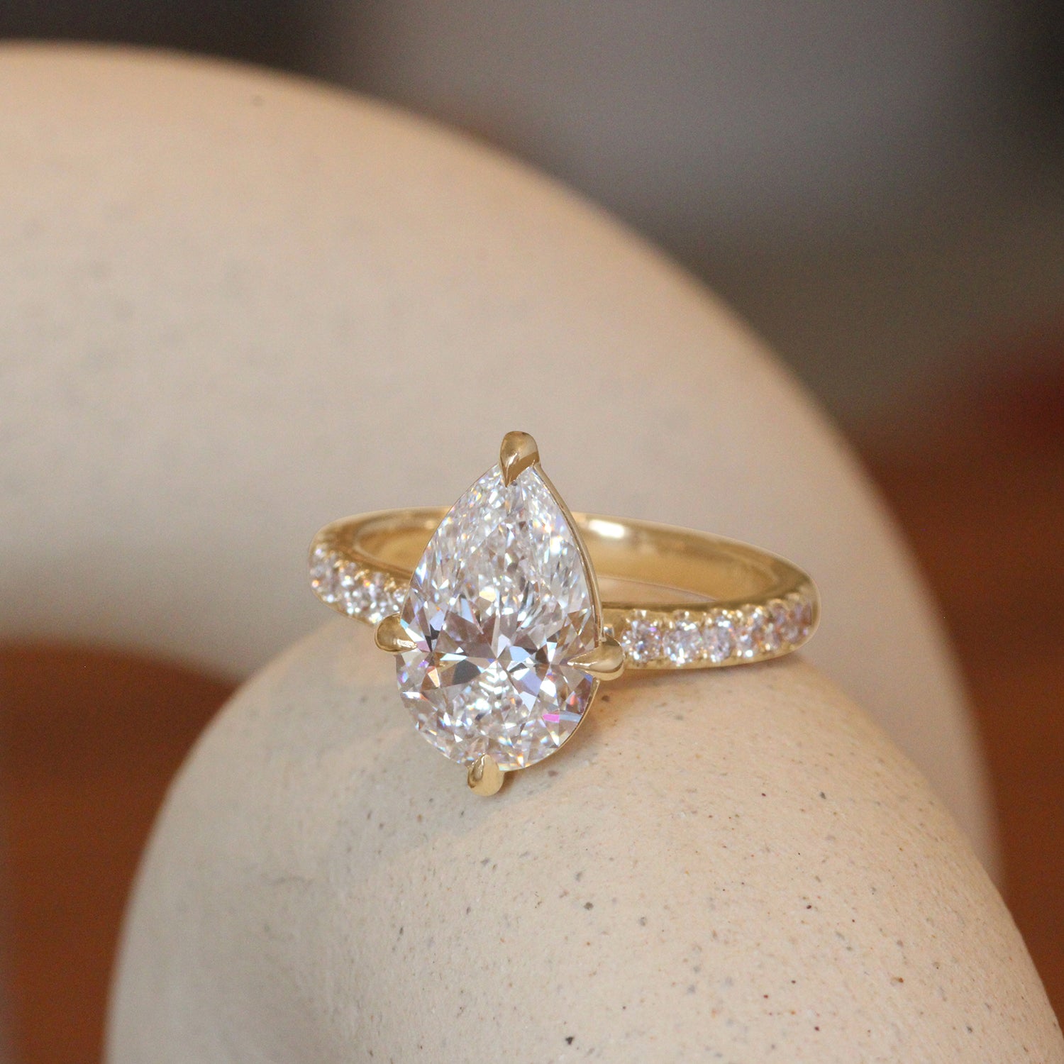 Lifestyle angled view of Noble Ring Pear Lab Diamond 2.85ct by Goldpoint Jewelry