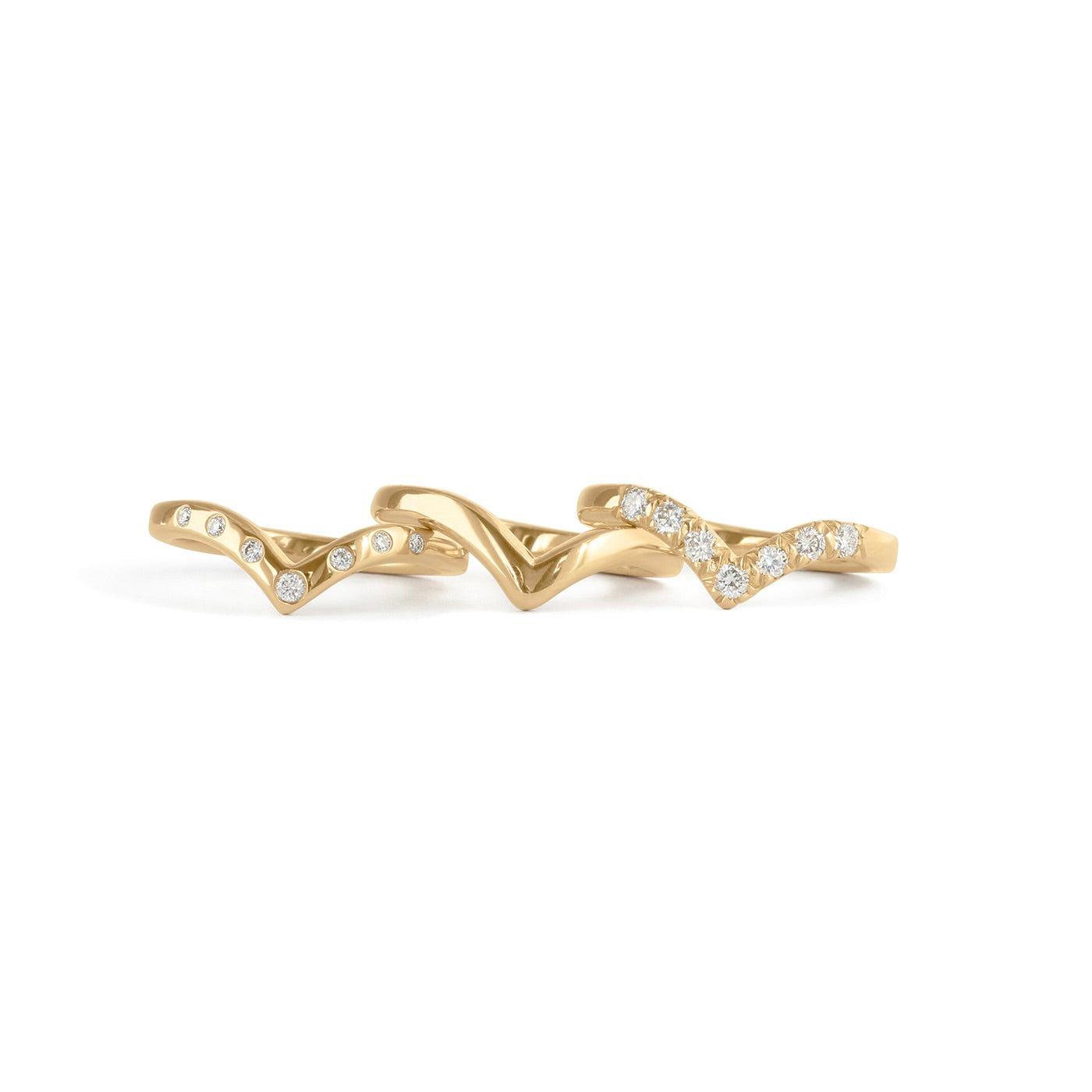 Stacked view of Peak Dome Band Flush Round Lab Diamonds in 14k yellow gold, Peak Band Dome in 14k yellow gold, Pave Round Lab Diamonds in 14k yellow gold