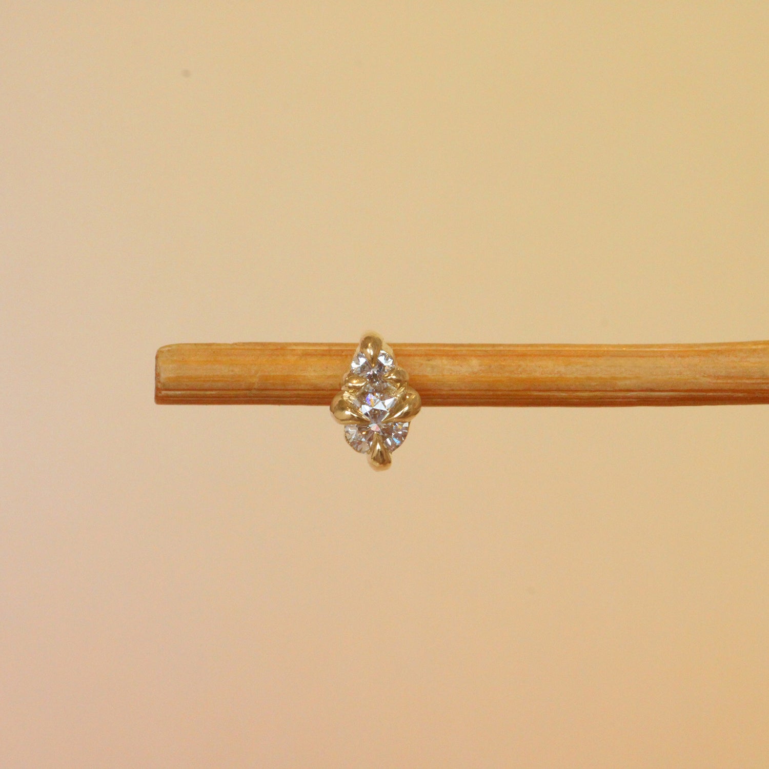 Lifestyle front view of Points Earring / Lab Diamond by Goldpoint Jewelry on a wooden earring display