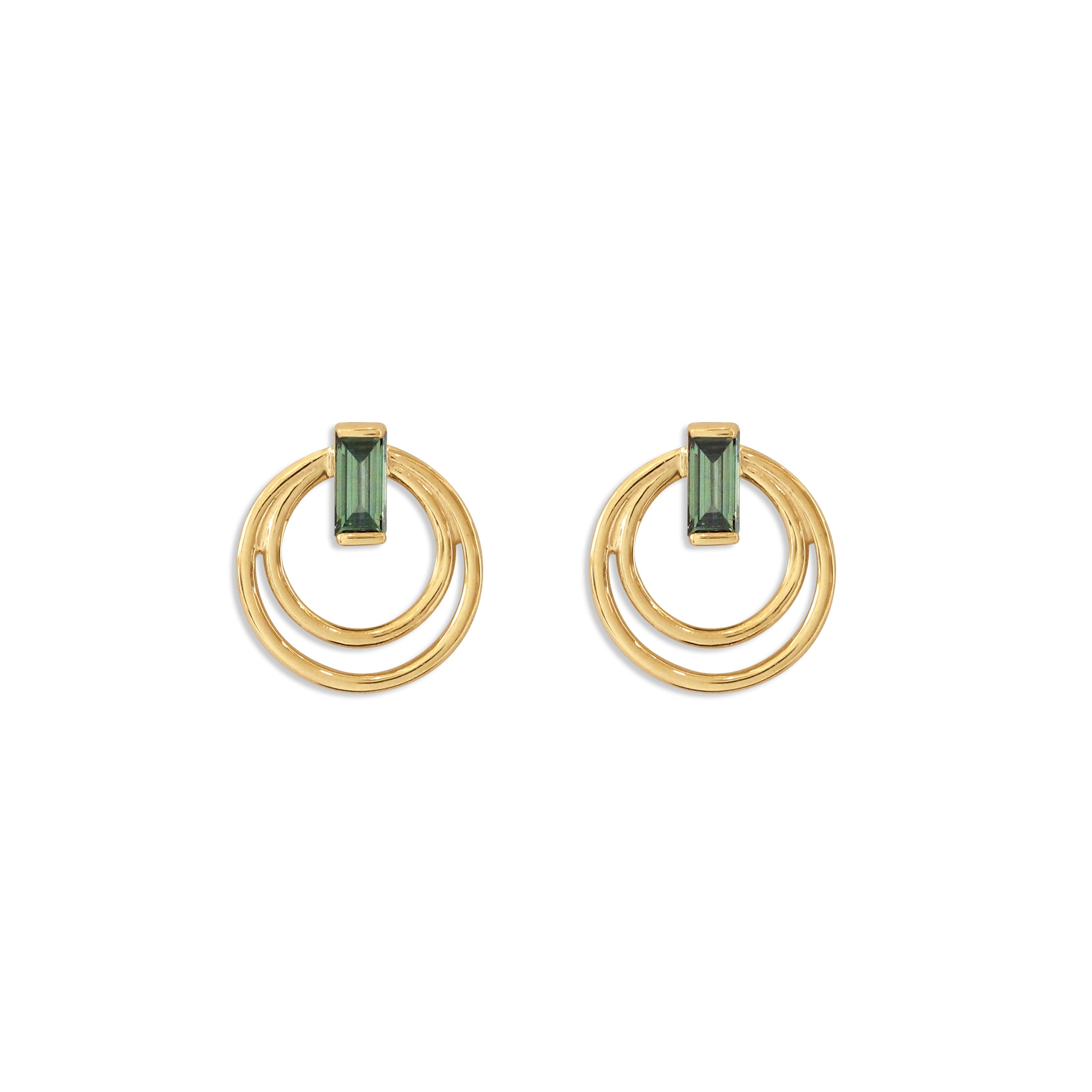 Front view of a set of Ripple Earring / Lab Green Baguette Diamond pieces by Goldpoint Jewelry
