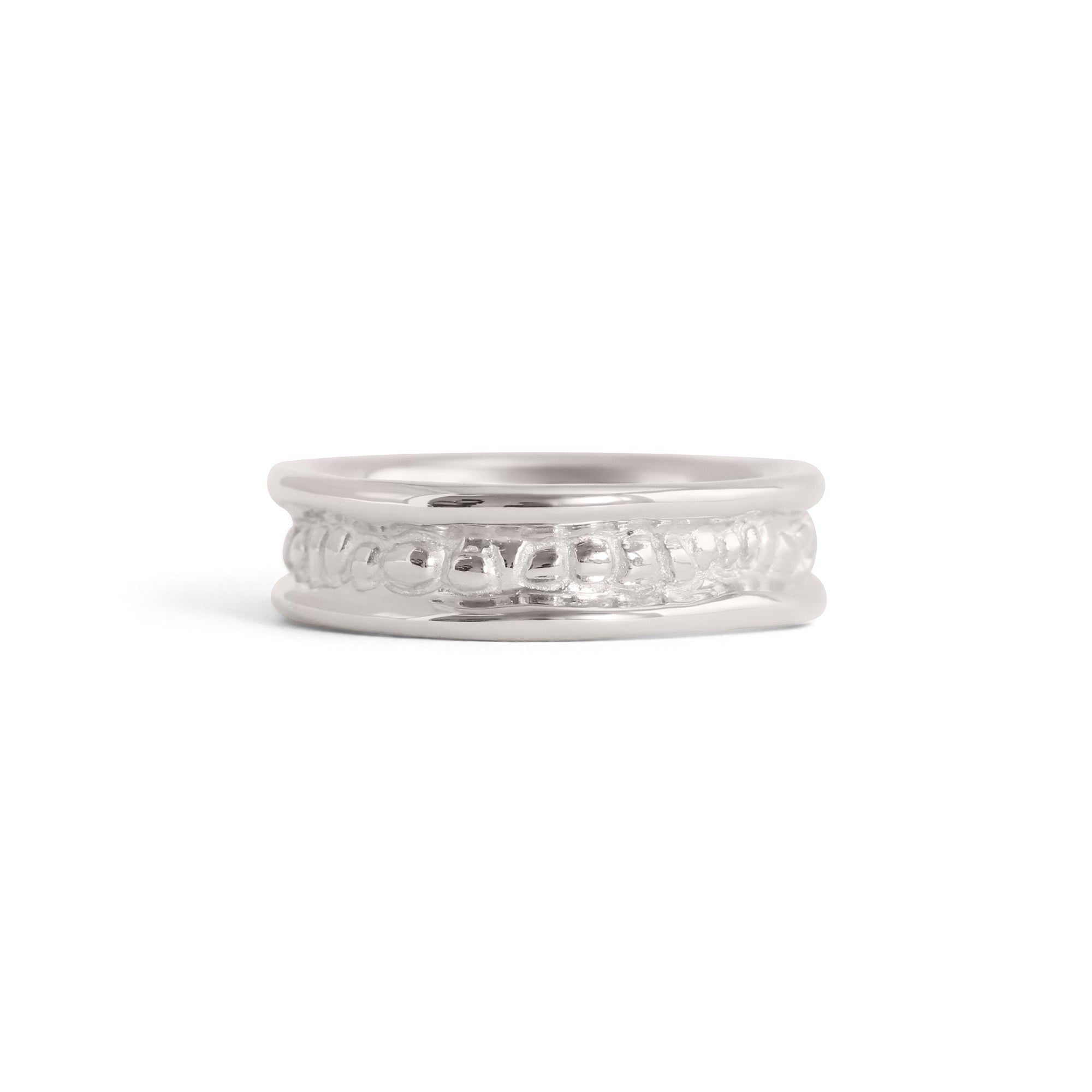 Front view of Ruins Polished Sides Band / in Platinum by Goldpoint Jewelry