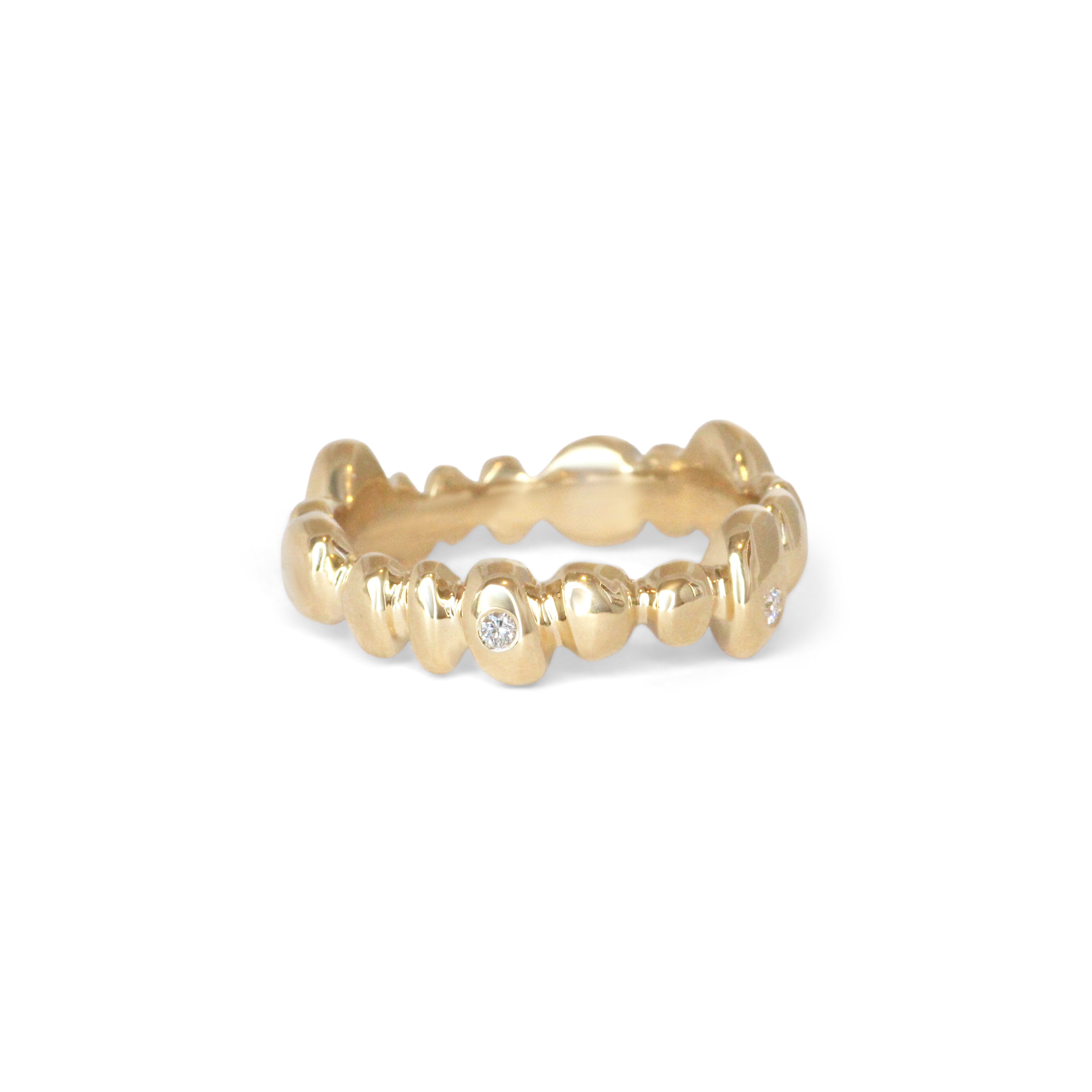 Angled view of Ruins Band Medium Flush Round Lab Diamonds in 14k Yellow Gold by Goldpoint Jewelry