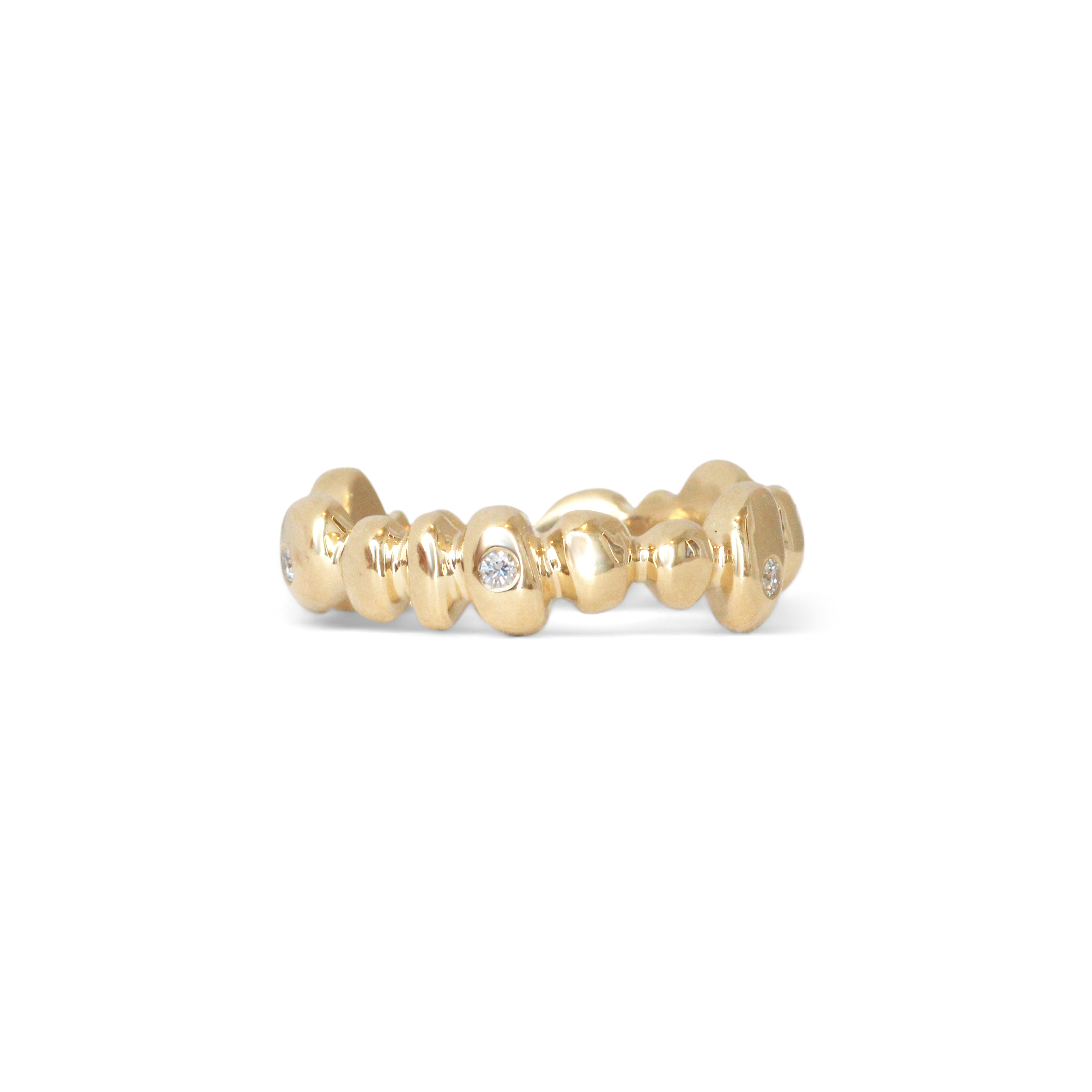 Front view of Ruins Band Medium Flush Round Lab Diamonds in 14k Yellow Gold by Goldpoint Jewelry