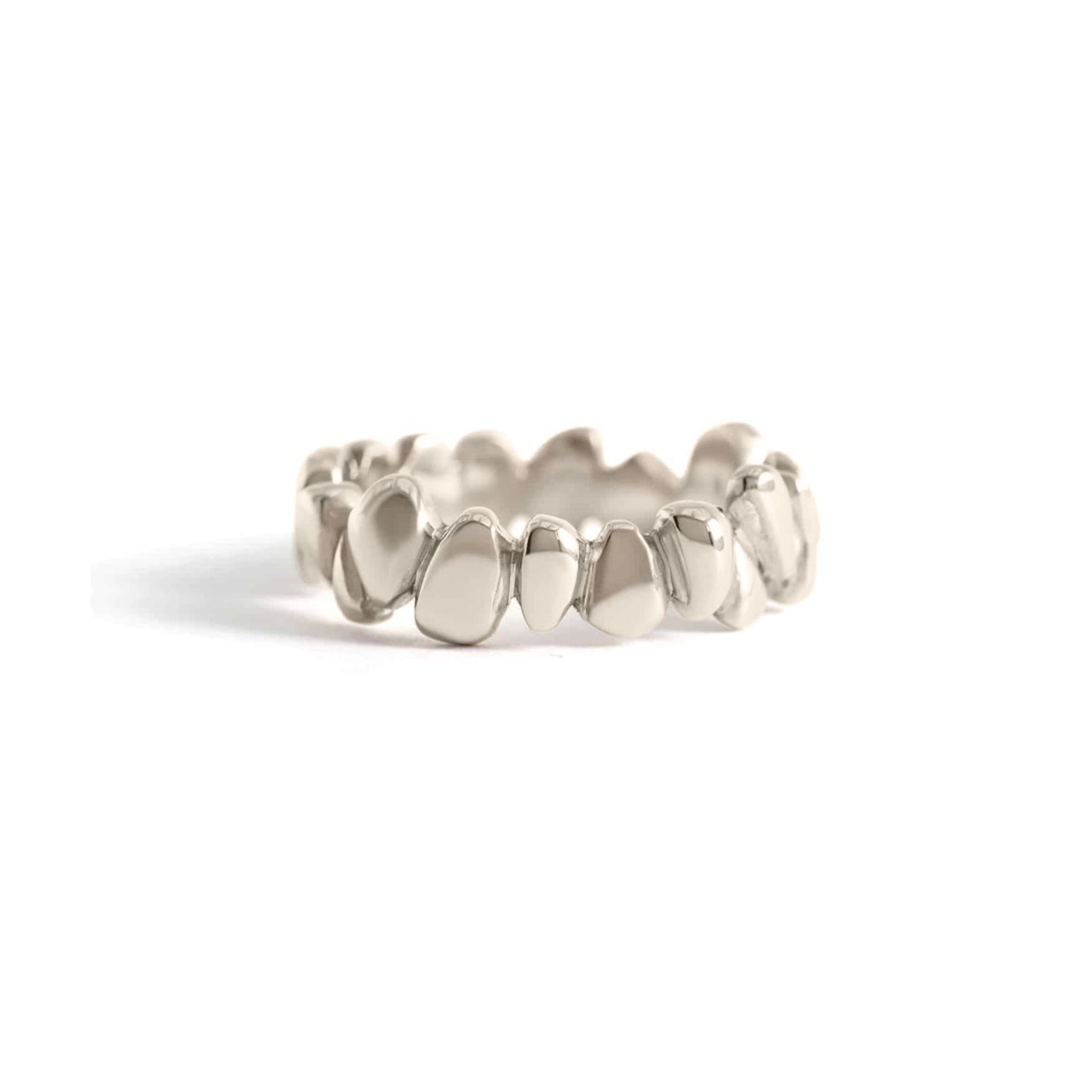 Front view of Ruins Wide Band in 18k white gold by Goldpoint Jewelry