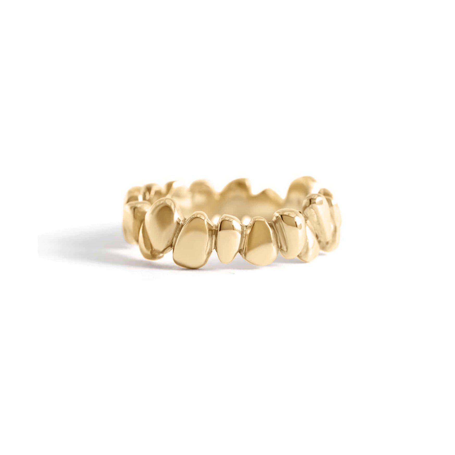 Front view of Ruins Wide Band in 18k yellow gold by Goldpoint Jewelry