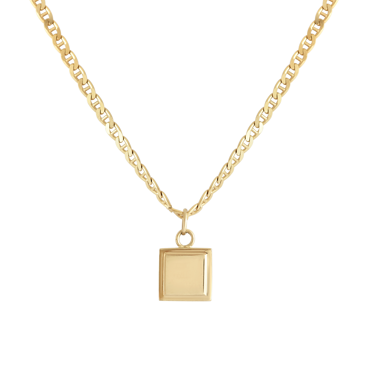 Front view of Step Frame Charm / Square  on a Mariner Chain by Goldpoint Jewelry