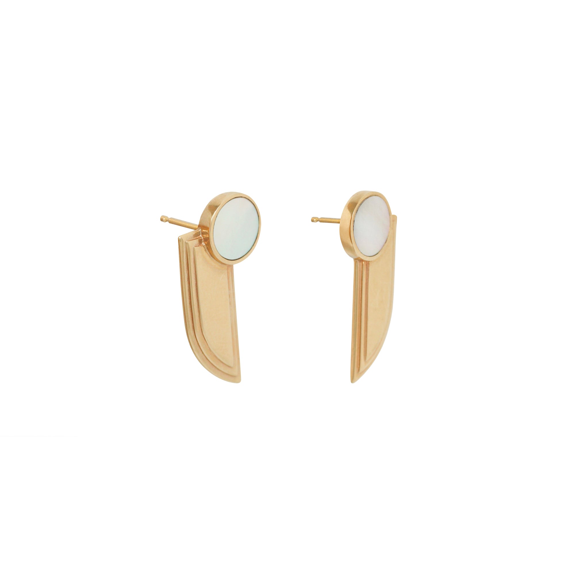Angled side view of Step Wing Earrings / Round Mother of Pearl Inlay by Goldpoint Jewelry