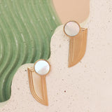 Lifestyle frontof Step Wing Earrings / Round Mother of Pearl Inlay by Goldpoint Jewelry on ceramics