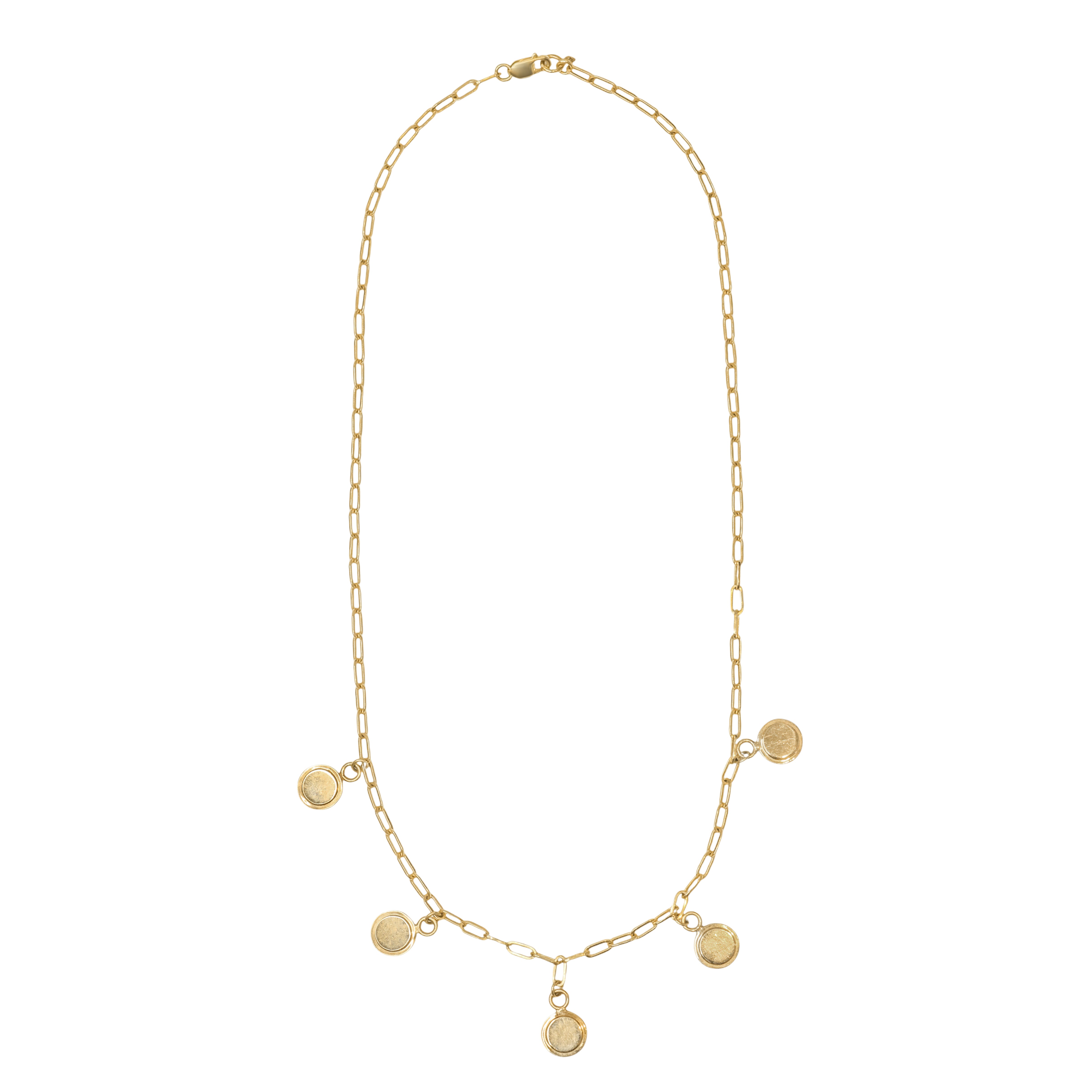 Front full view of Step Frame Round 5 Charm Necklace / Paperclip Chain by Goldpoint Jewelry