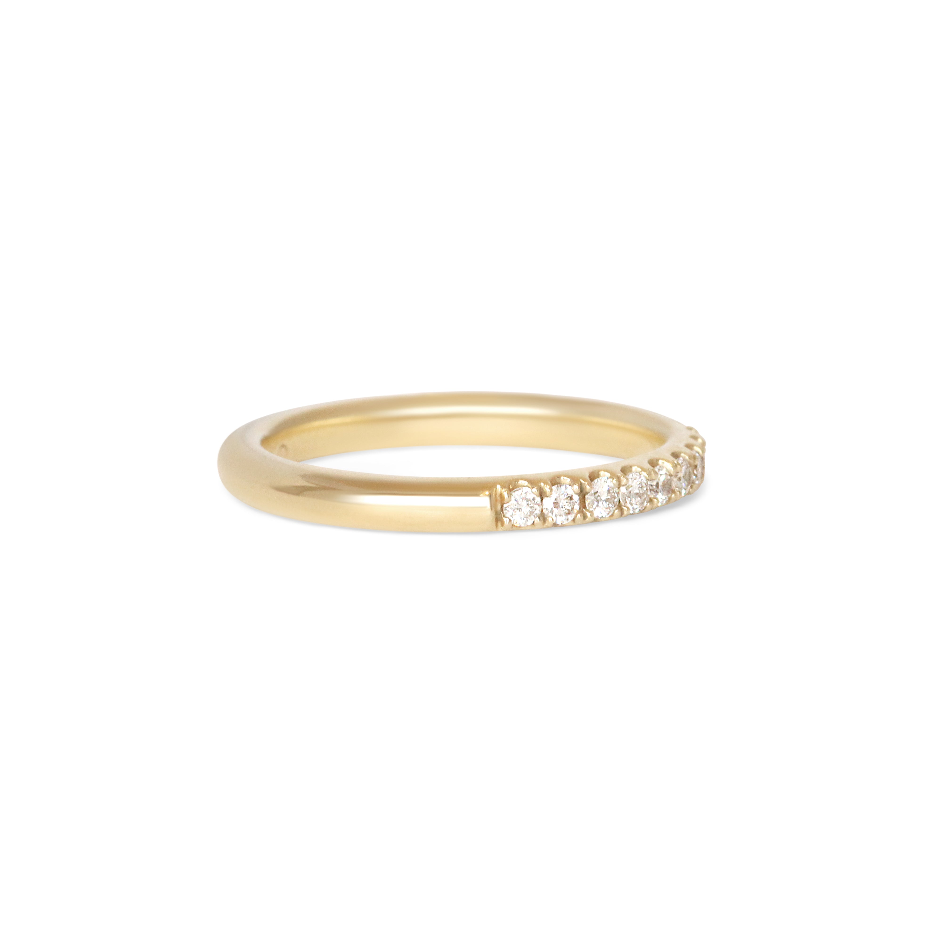 Angled side view of Dome Band Thick 2mm / Pave Round Lab Diamonds / 14k in Yellow Gold by Goldpoint Jewelry