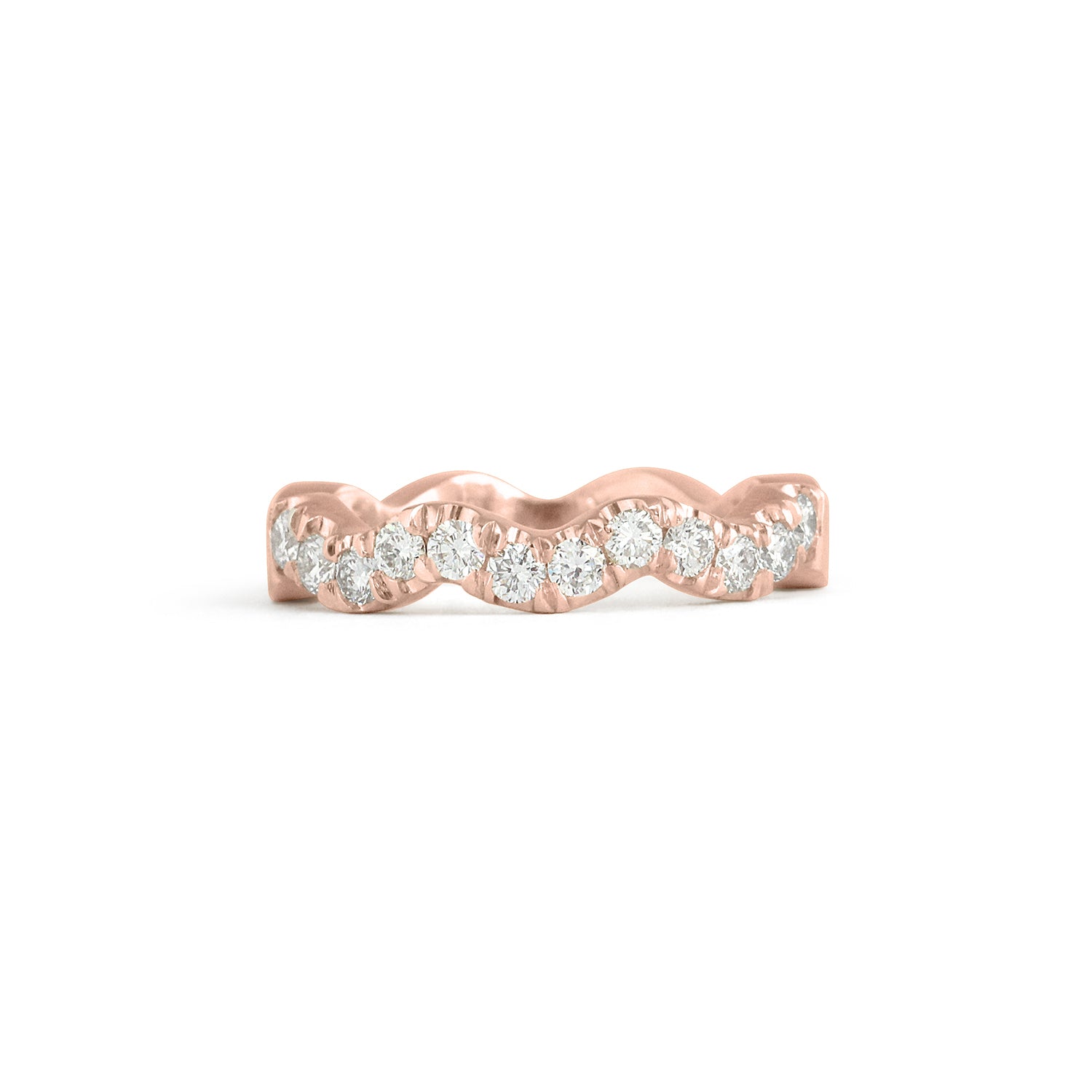 Front view of Waves Band / Pave Round Lab Diamonds / in 18k Rose Gold by Goldpoint Jewelry