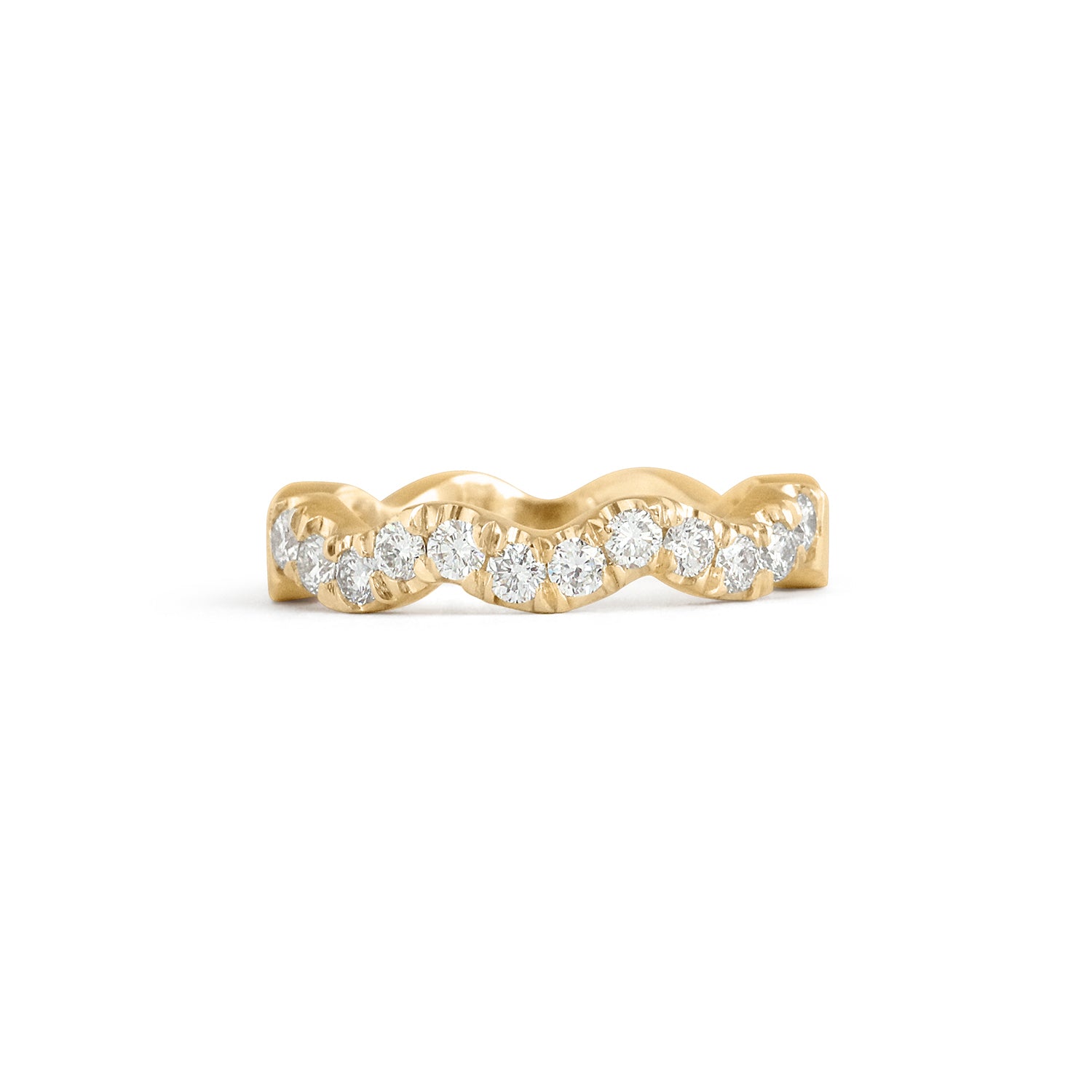 Front view of Waves Band / Pave Round Lab Diamonds / in 18k Yellow Gold by Goldpoint Jewelry