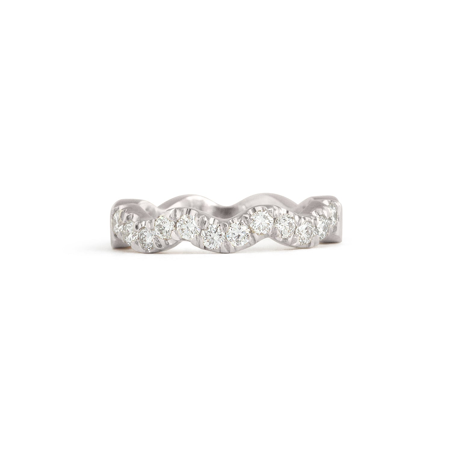 Front view of Waves Band / Pave Round Lab Diamonds / in Platinum by Goldpoint Jewelry