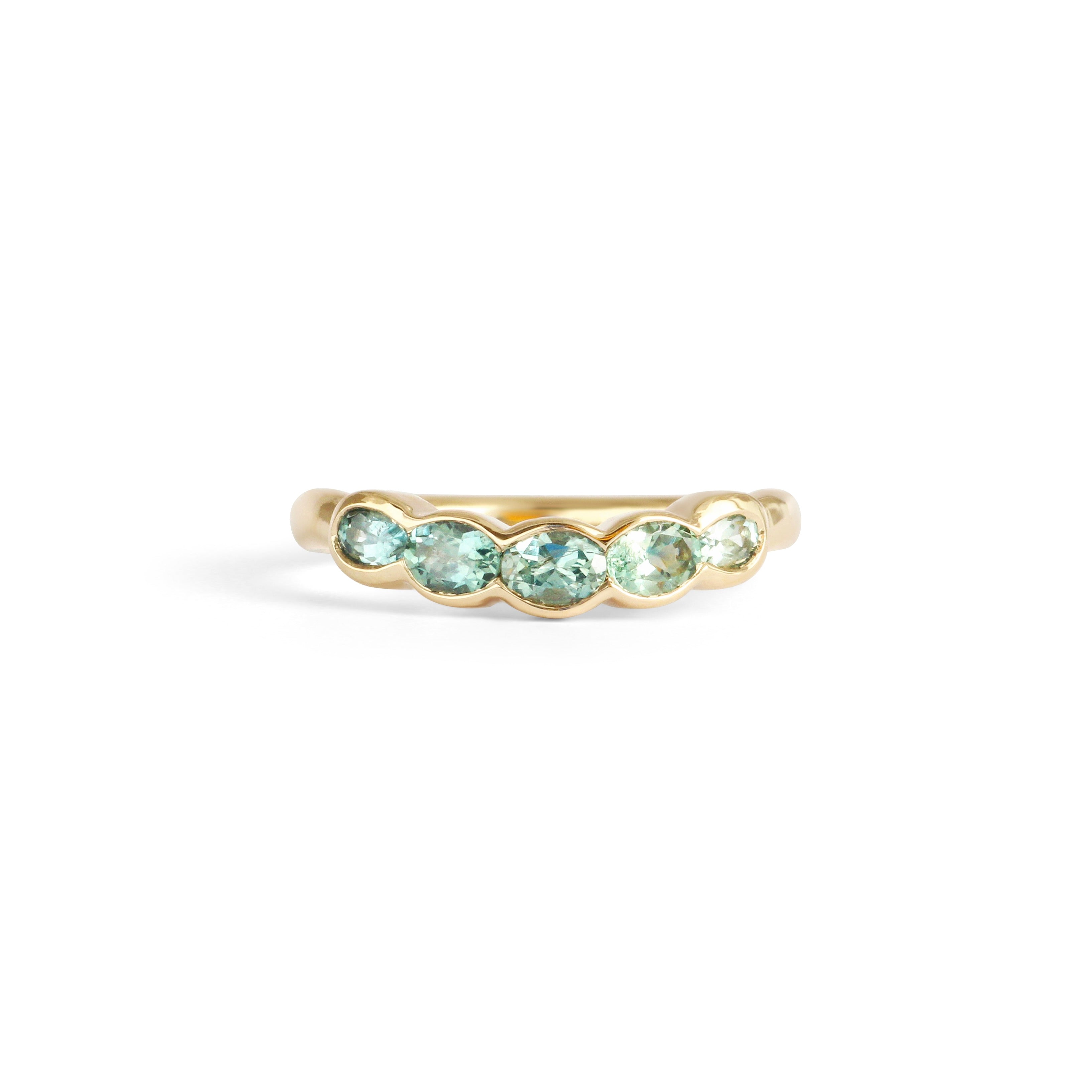 Front view of Cloud 5 Band Oval Sapphires in 14k yellow gold