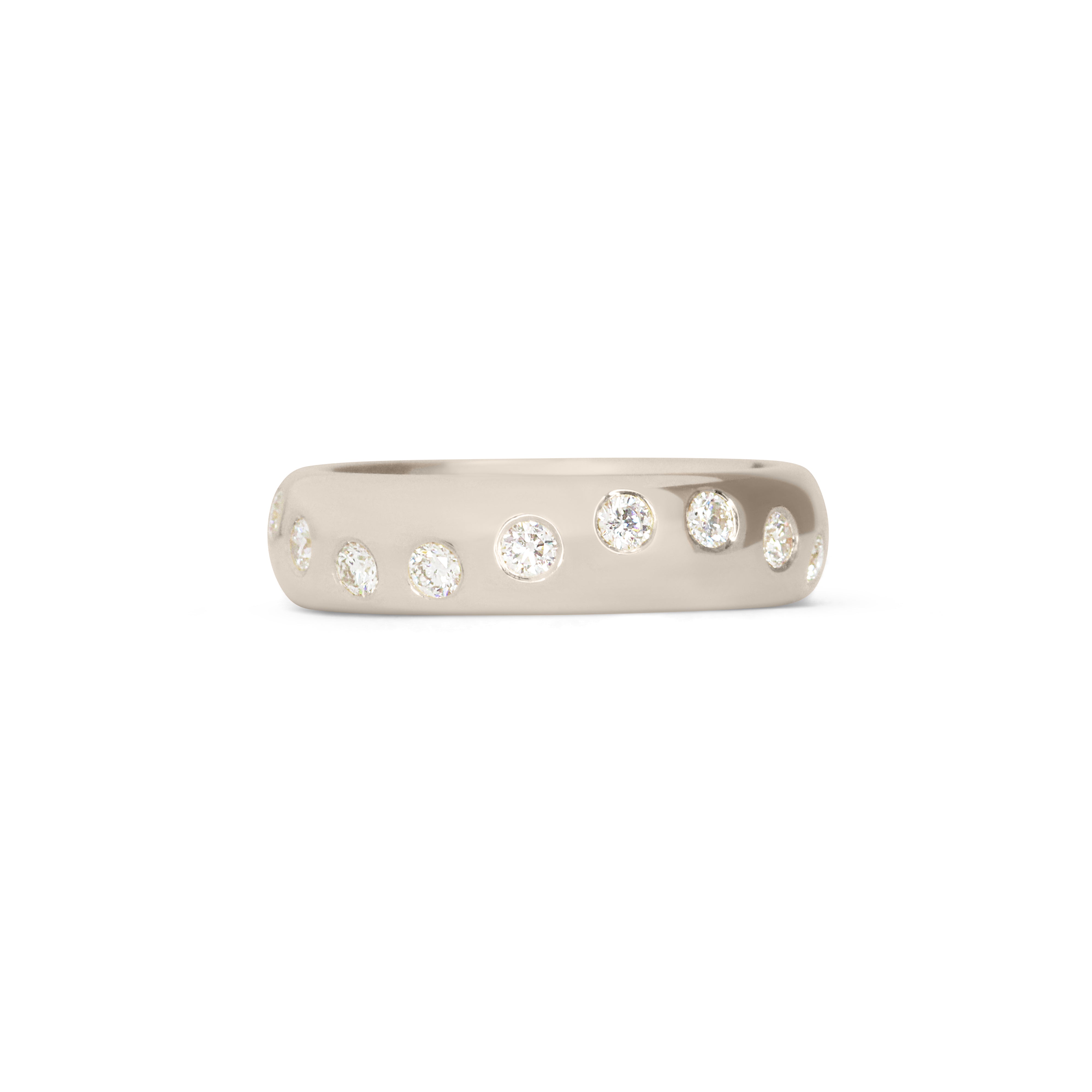 Front view of Dancing Band / Flush Round Natural Diamonds / in 18k White Gold by Goldpoint Jewelry
