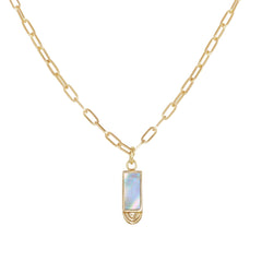 Front view of Step Inlay Rectangle Mother of Pearl Necklace / Paperclip Chain by Goldpoint Jewelry