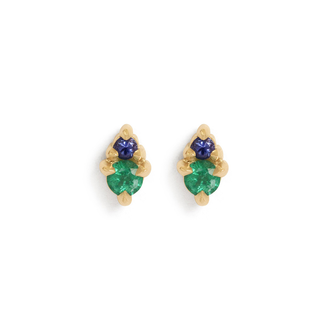 Front view of Points Earrings / Emerald + Lavender Sapphire by Goldpoint Jewelry