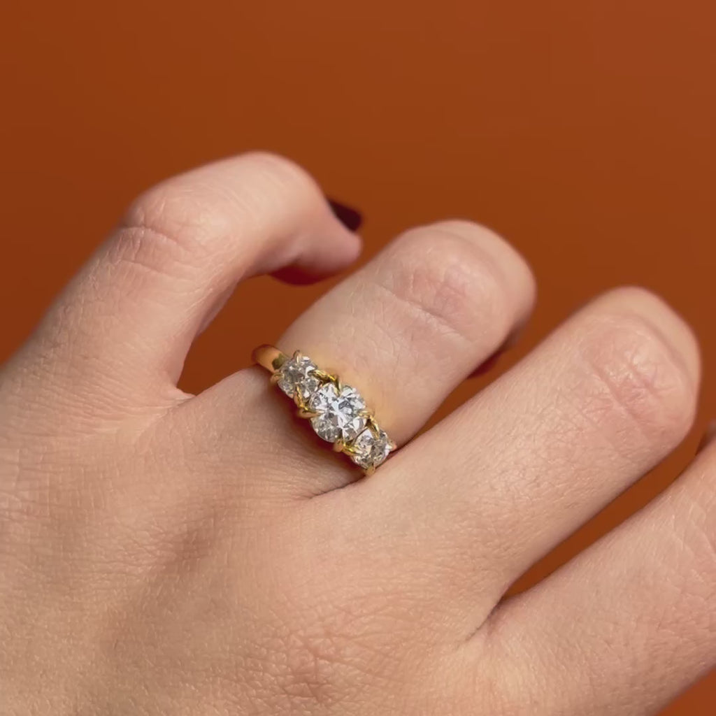 Model wears Sutton 3 Ring Old Euro Diamond 1.11ct by Goldpoint Jewelry on ring finger over an orange backdrop