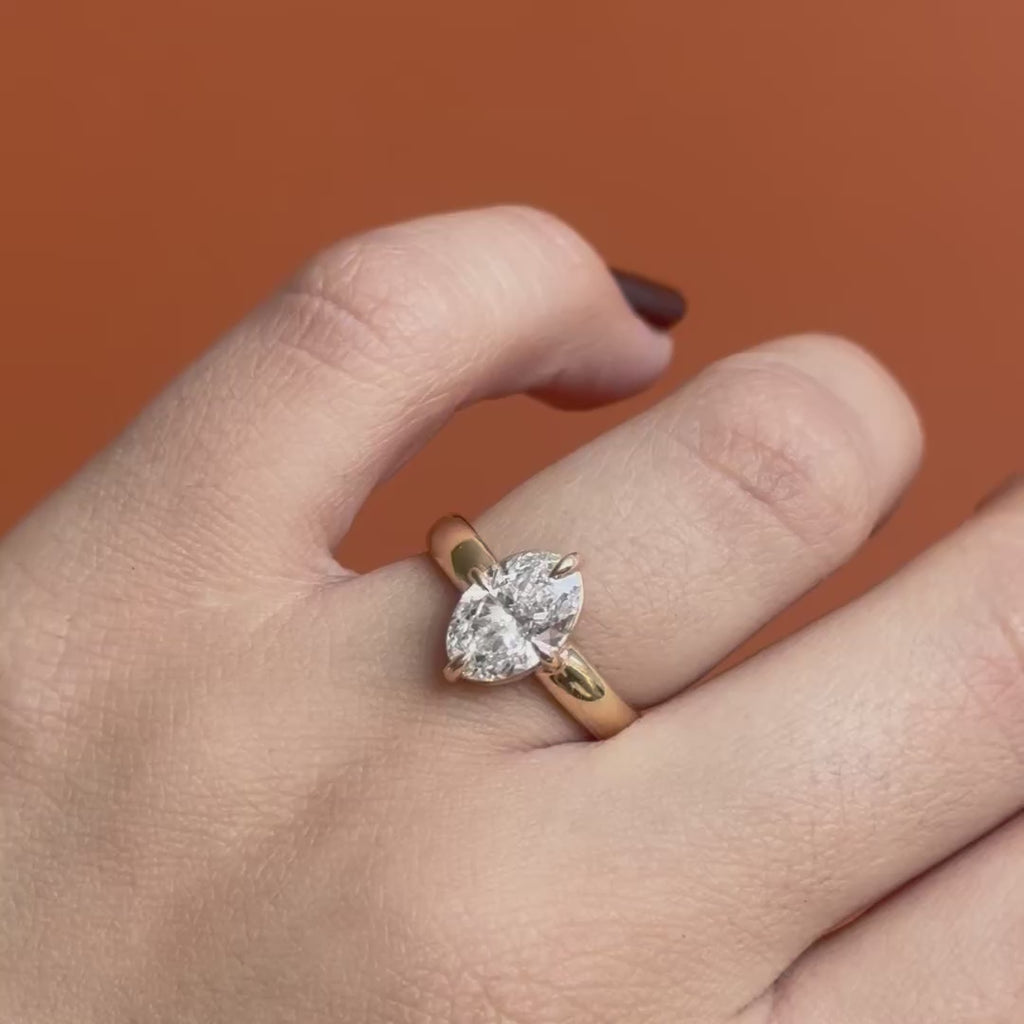 Model wears Sutton Ring / Oval Lab Diamond 2.04ct by Goldpoint Jewelry on ring finger showing different angles over an orange backdrop