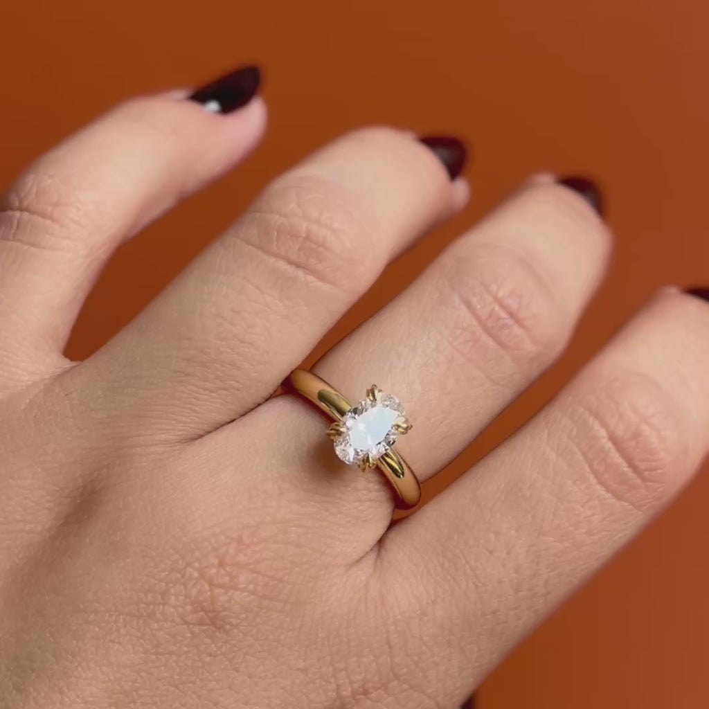 Model wearing Calyer Ring Oval Lab Diamond 1.56ct by Goldpoint Jewelry on middle finger showing different angles on a orange background