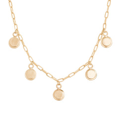 Front close view of Step Frame Round 5 Charm Necklace / Paperclip Chain by Goldpoint Jewelry