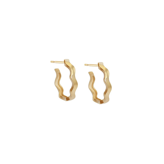 Waves 14k yellow gold hoops promoting our Earrings collection.