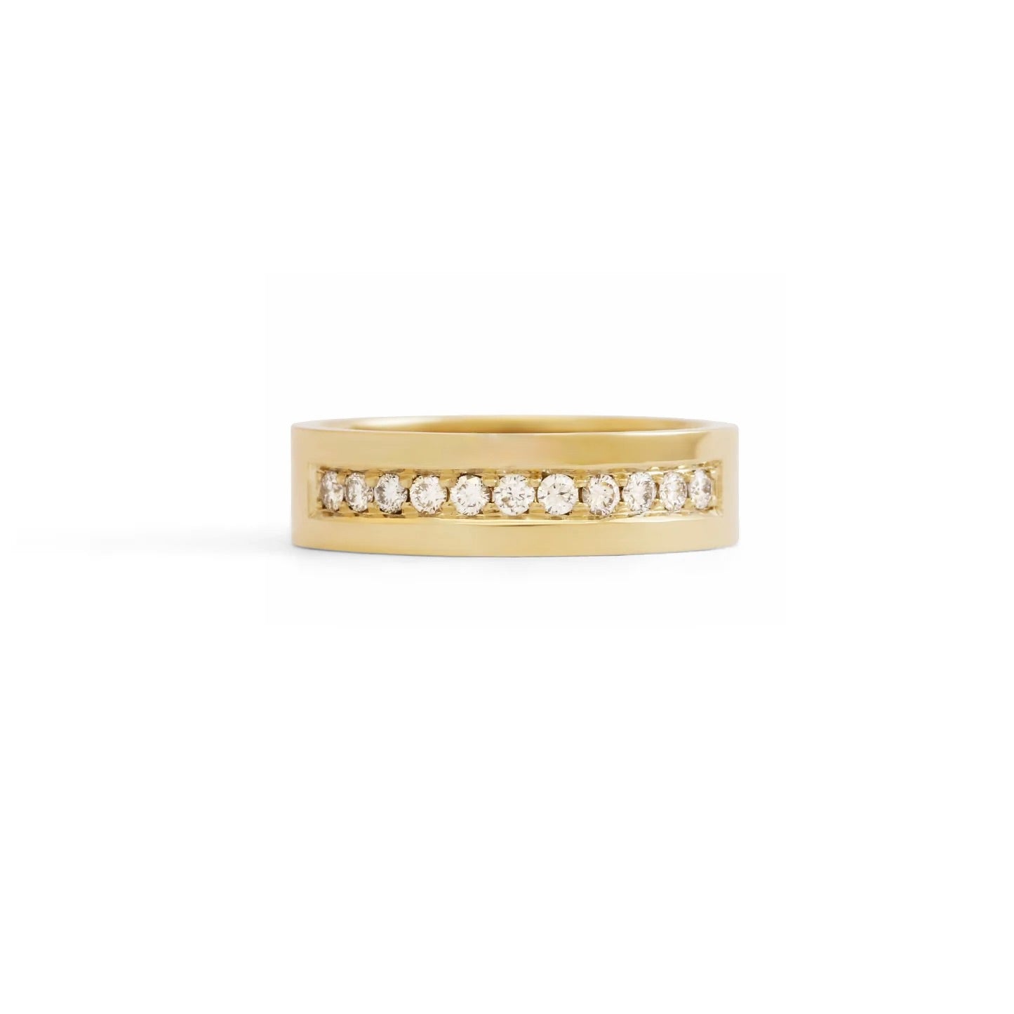 Front view of Flat Band 4mm Bright Cut Lab Diamonds in 14k yellow gold