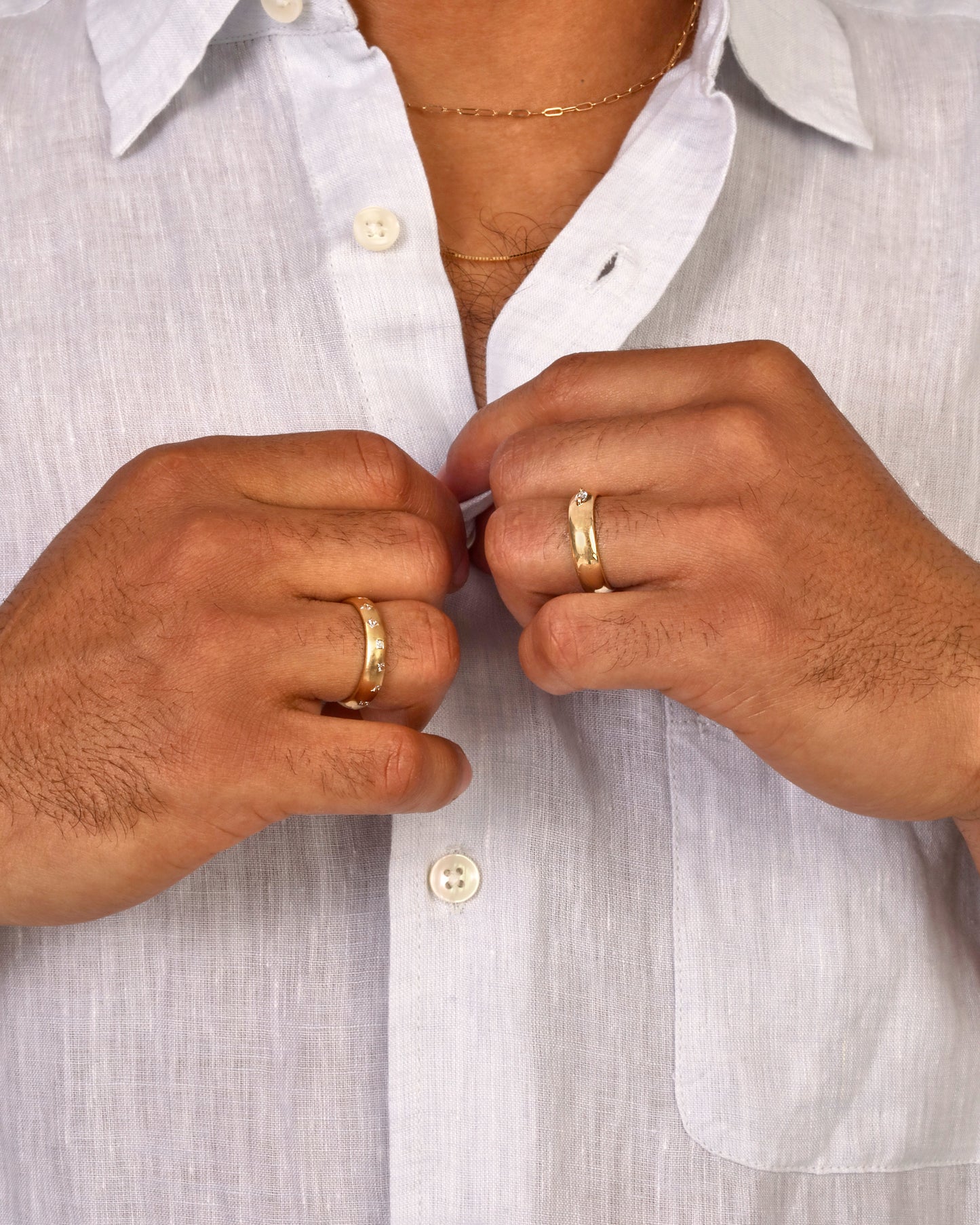 Model wearing Dancing Princess Dome Band / Lab Diamonds on ring finger with various other Goldpoint pieces