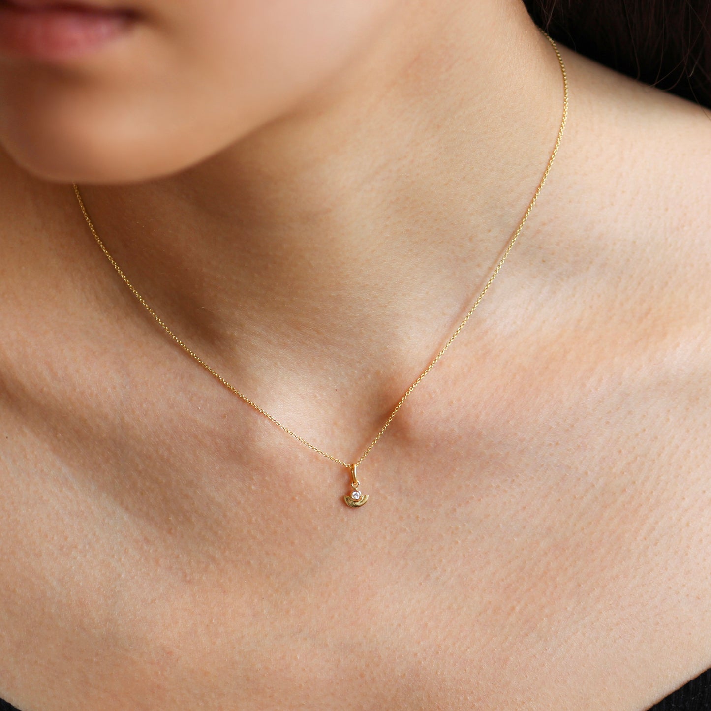 Half Moon Disc Charm / Lab Round Diamond - Goldpoint Studio - Greenpoint, Brooklyn - Fine Jewelry