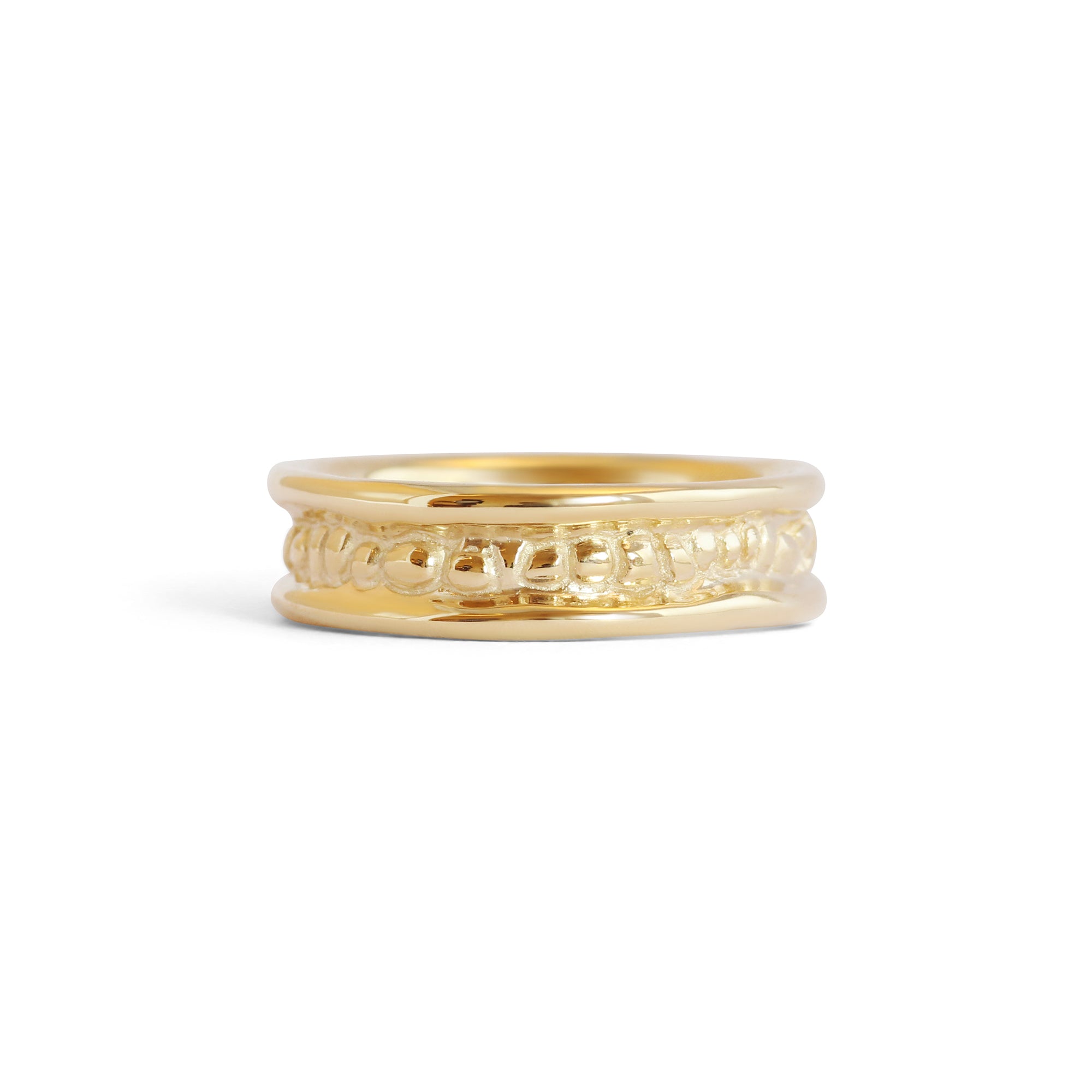 Front view of Ruins Band Polished Sides in 14k yellow gold