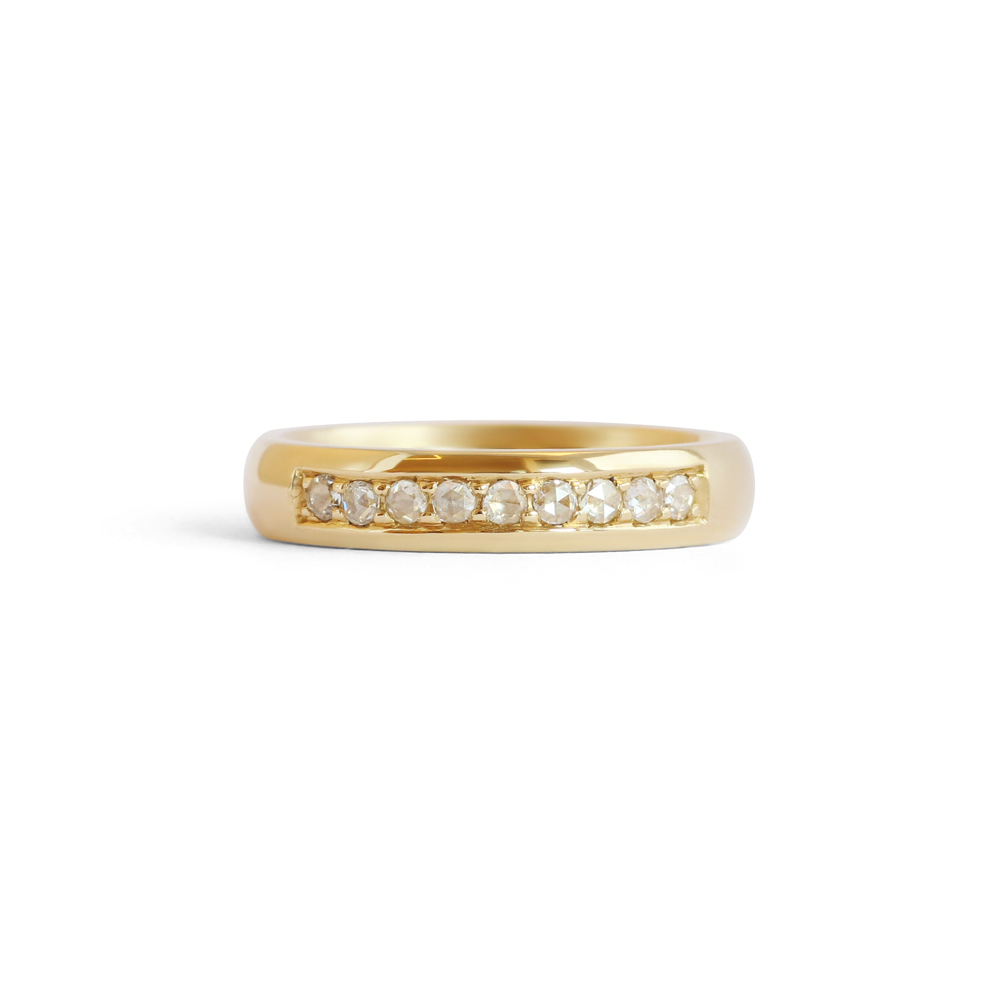 Alternative front view of Thick Dome Band 4mm Bright Cut Rose Cut Diamonds in 14k yellow gold