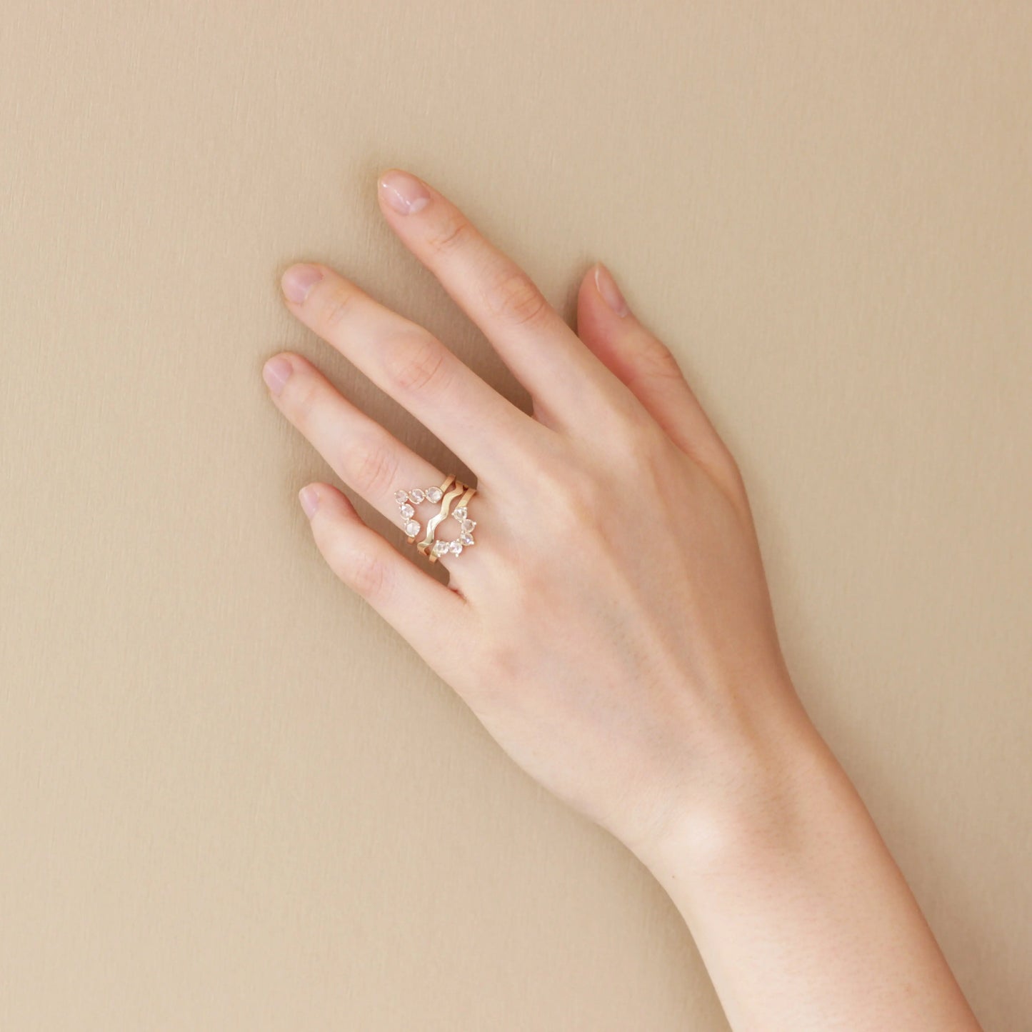 Model wearing V Band / Rose Cut Diamonds with other matrimony pieces on ring finger